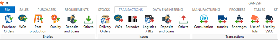 Ganesh ERP Stocks transactions Tab presentation